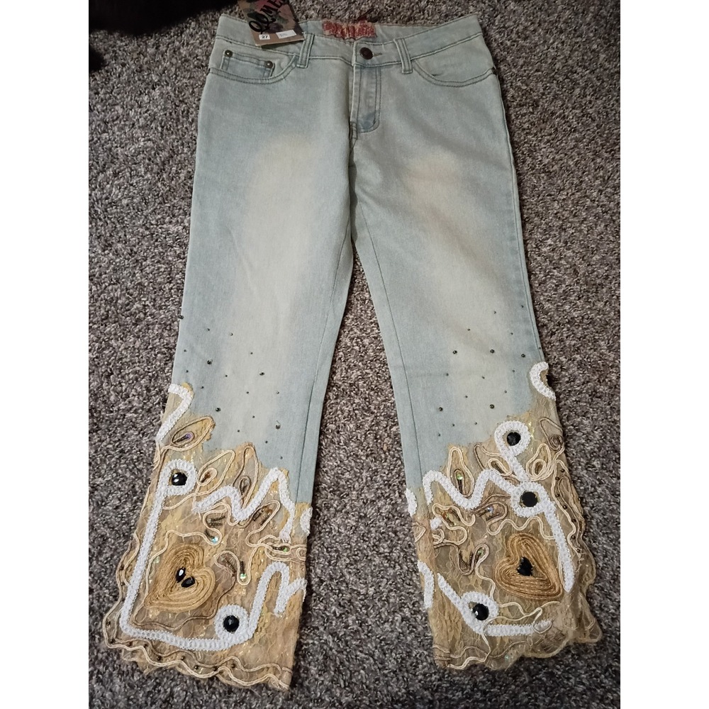 QQMEI Womens Light Wash Embellished Lace Soutache Jeans Size 27 Heart Gold New